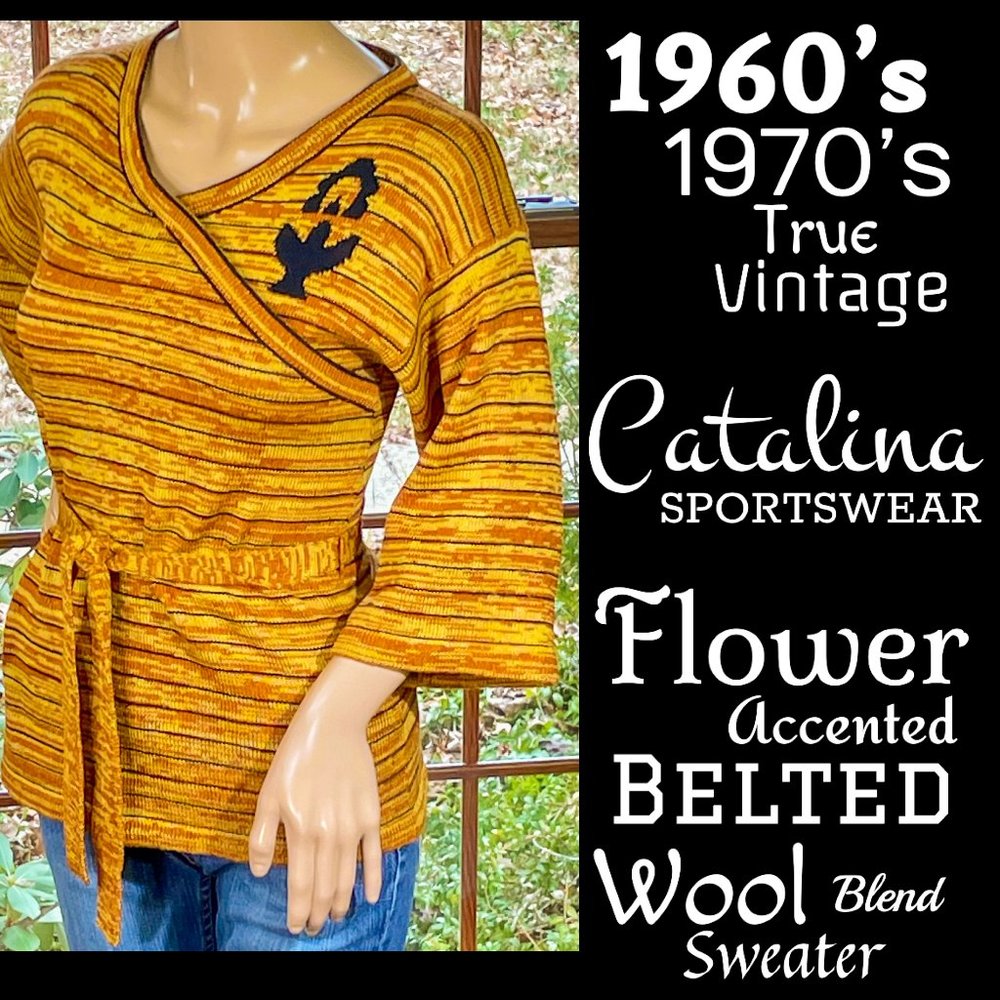 ▪️VTG▪️CATALINA SPORTSWEAR▪️60's 70's Flower Accented Belted Wool Blend Sweater